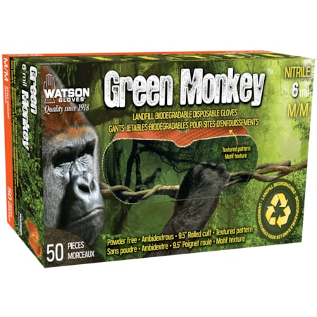 Watson Gloves Green Monkey, Disposable Gloves, 6 mil Palm , Biodegradable Nitrile, Powder-Free, 50 PK, Orange 5557PF-XXL
